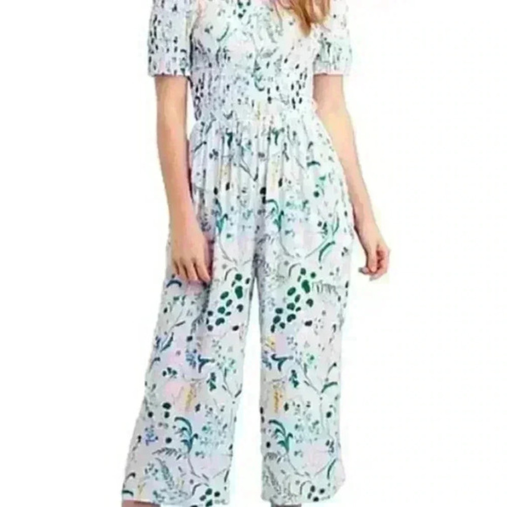 For The Republic Womens Floral Smocked Wide Leg Jumpsuit Lavender Purple Medium